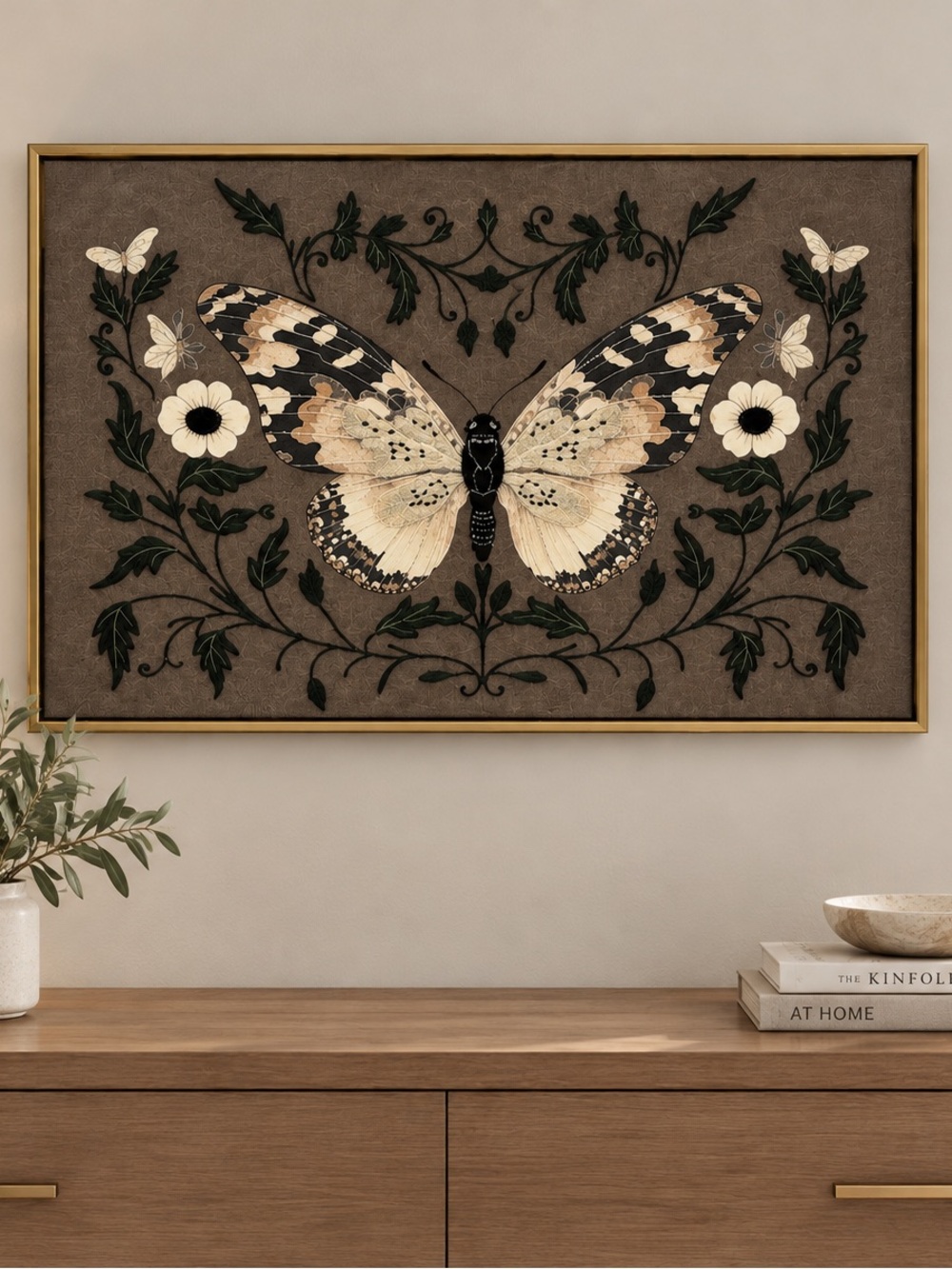 NWT BUTTERFLY EMBROIDERED FLORAL Wall Art Instinct Style by Art Remedy